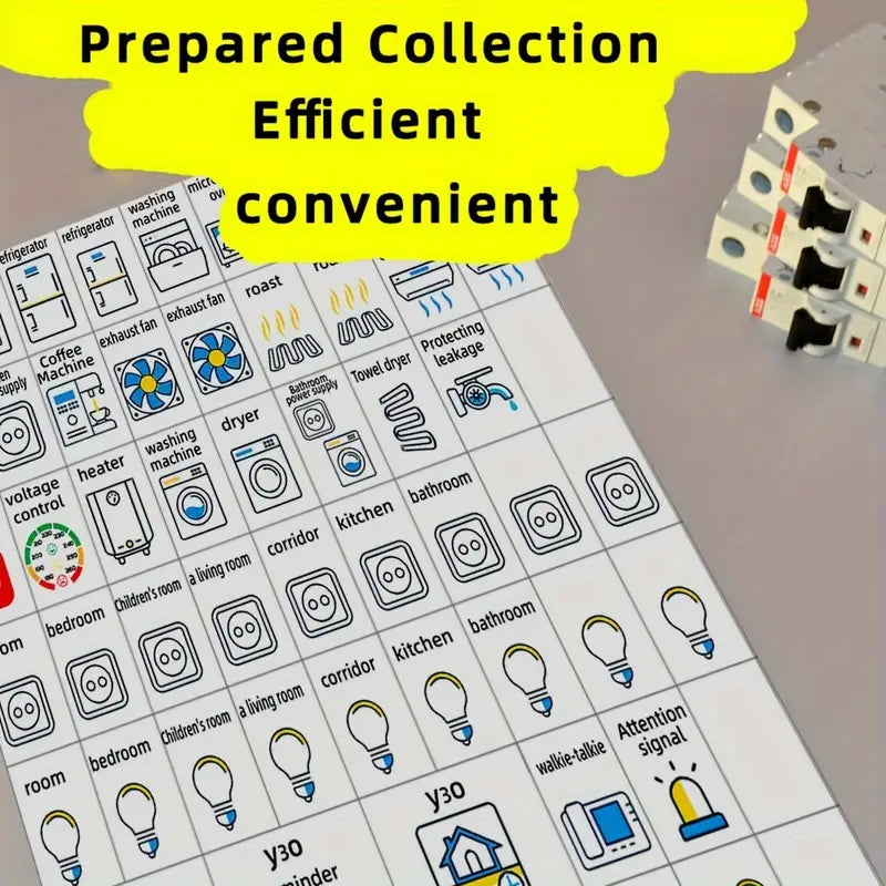 Set of 57 Temu electrical panel and DB board label stickers with clear, durable labels for electrical safety and organization.