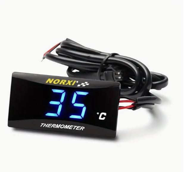 Norxi Mini Digital Vehicle Coolant and Cylinder Head Thermometer by Temu showing a compact digital thermometer for vehicle engine temperature.