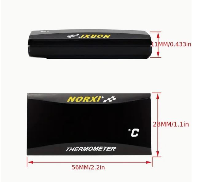 Norxi Mini Digital Vehicle Coolant and Cylinder Head Thermometer by Temu showing digital display and compact design