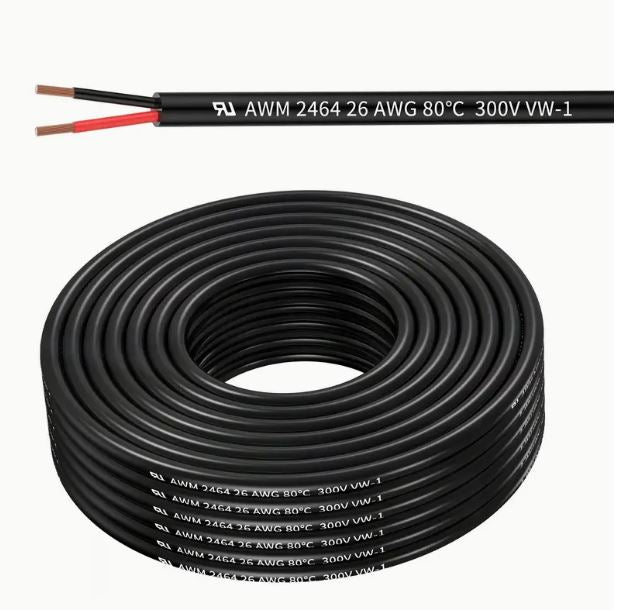 26 AWG 2-core electrical wire by Temu, 30.5 meters long, showing flexible copper conductors and insulation for electrical projects.