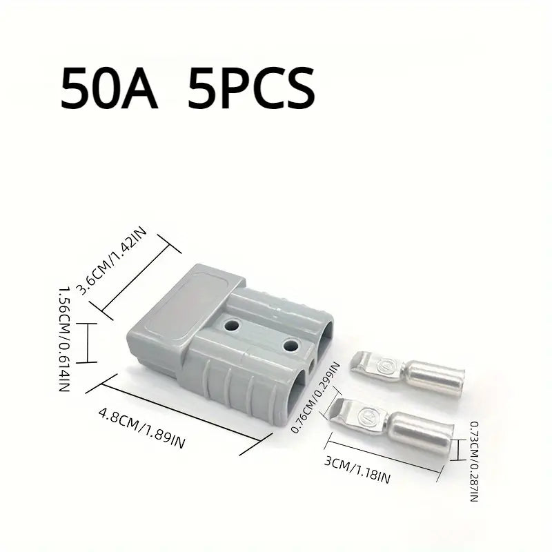 Set of 5 Temu electrical battery connectors compatible with Anderson plugs, rated for 50Amp, used for secure electrical connections.