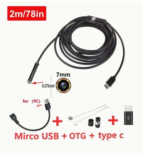 2 Meter x 7mm Lens Soft Cable High Definition Endoscope, Android Mobile Phone Camera - Little Tokyo SA