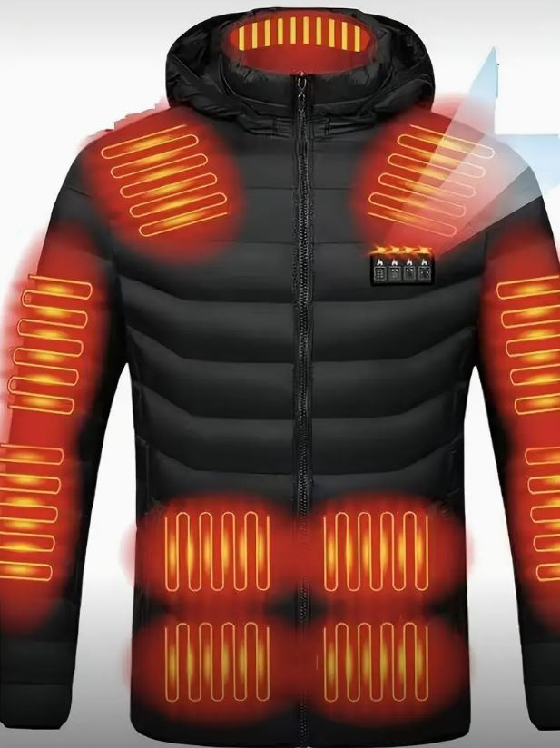 Men's Temu Rapid-Warm Heated Jacket with 21 Zone Technology, showcasing the jacket's sleek design and heating panels.
