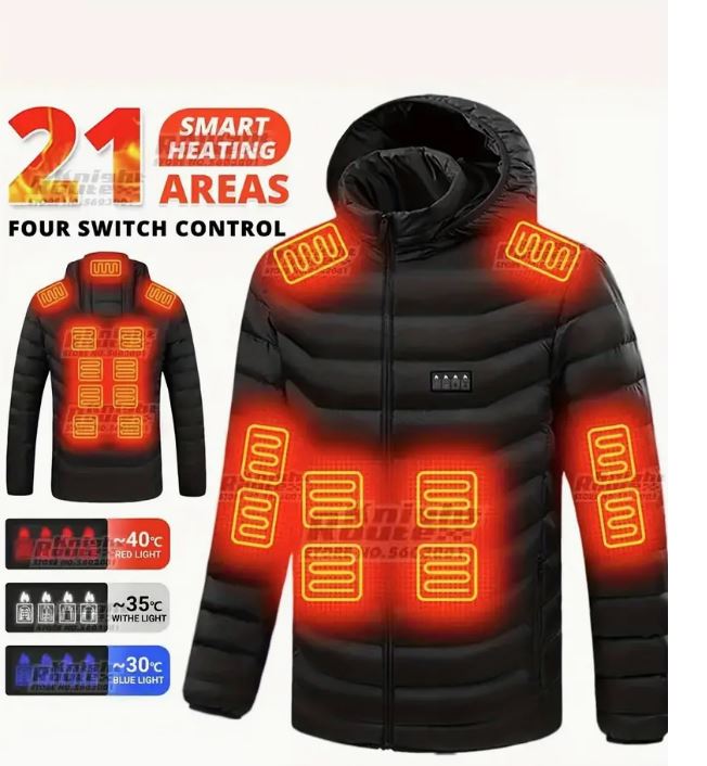 Men's Temu Rapid-Warm Heated Jacket with 21 Zone Technology, front view showing sleek design and heating panels.