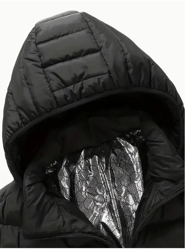 Men's Temu Rapid-Warm Heated Jacket with 21 Zone Technology, showing the insulated jacket with heating panels and adjustable features.