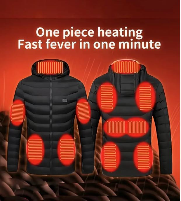 Men's Temu Rapid-Warm Heated Jacket with 21 Zone Technology, showing the jacket's sleek design and heating controls in the image.