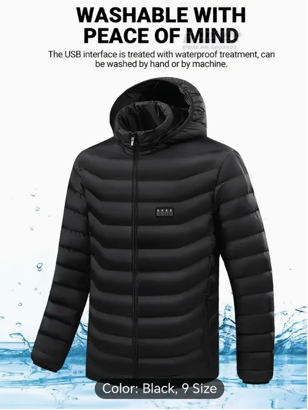 Men's Temu Rapid-Warm Heated Jacket with 21 Zone Technology, showcasing the insulated jacket with heating panels and adjustable fit.