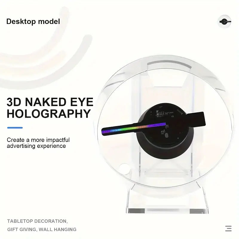 Holographic 3D advertising projector by Temu displaying vibrant floating images for shop displays.