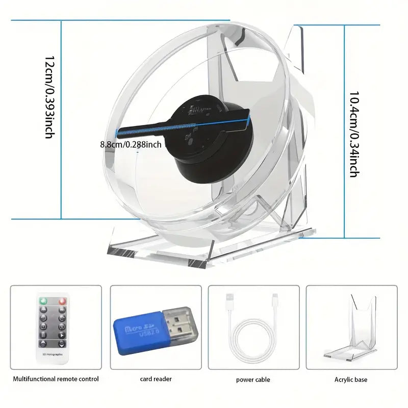 Holographic 3D advertising projector by Temu displaying vibrant floating images for shop displays.