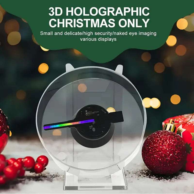 Holographic 3D advertising projector by Temu displaying a vibrant hologram for shop marketing displays.