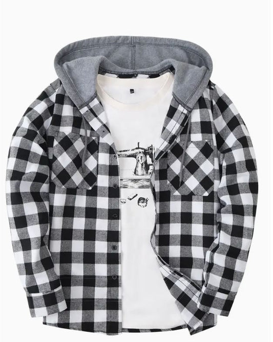 Fashionable Design Men's Plaid Pattern Hooded Long Sleeve Button Up Shirt - Little Tokyo SA