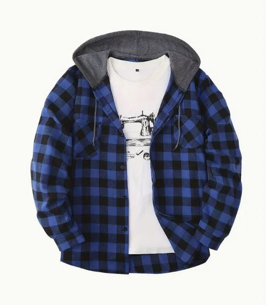 Fashionable Design Men's Plaid Pattern Hooded Long Sleeve Button Up Shirt - Little Tokyo SA