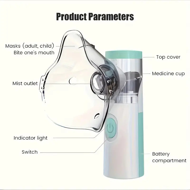Portable Temu handheld facial steamer and nebulizer, 2-in-1 skin care device, showing a compact humidifier with mist spray.