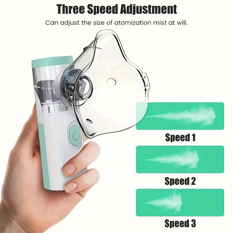 Portable handheld facial steamer and nebulizer by Temu, showing a sleek skin care device with a water tank and mist spray.