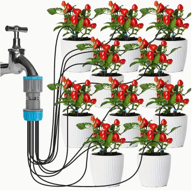 Temu garden watering and irrigation drip system with hoses and emitters for efficient garden irrigation.