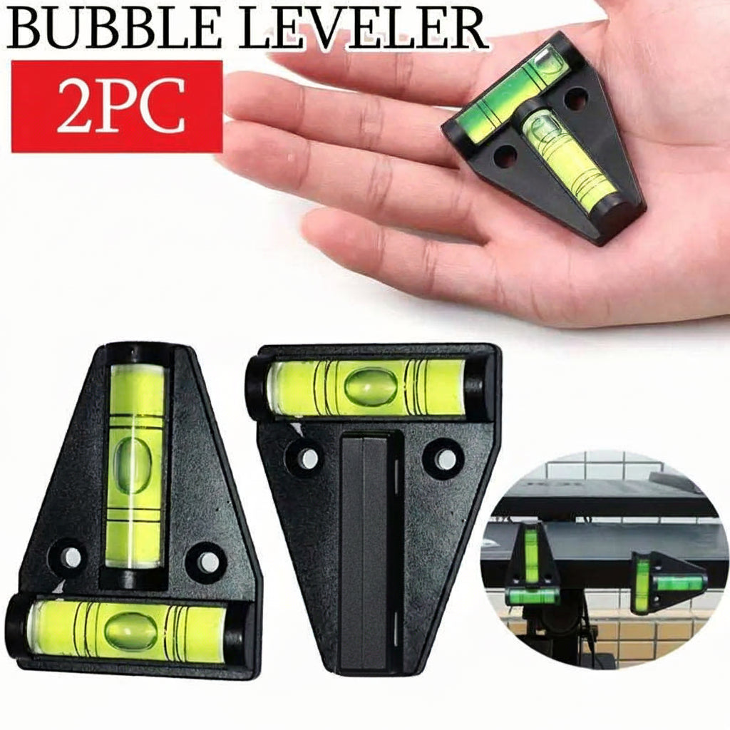 Two Temu spirit level tools with triangle-shaped vials for precise leveling and measuring surfaces.