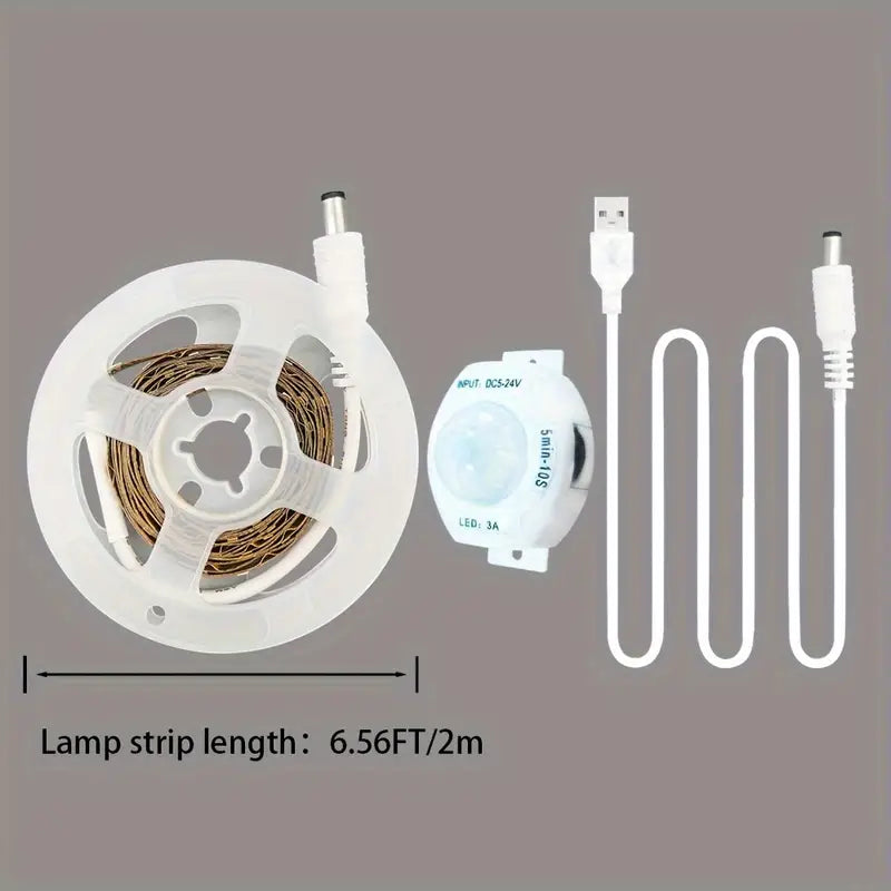 Temu 2M LED strip light with motion sensor, flexible light strip for ambient lighting and easy installation.