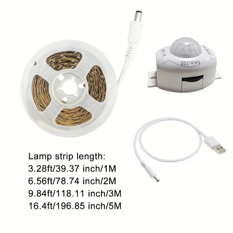 Temu 2M LED strip light with motion sensor, flexible light strip for indoor or outdoor use, energy-efficient and easy to install.