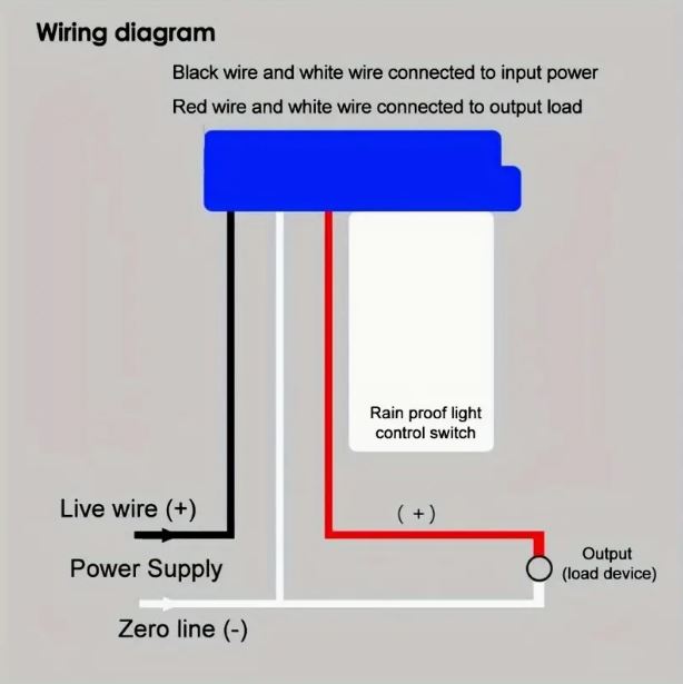 Temu 12V DC day/night light switch for automatic lighting control, showing the switch with wiring connections.