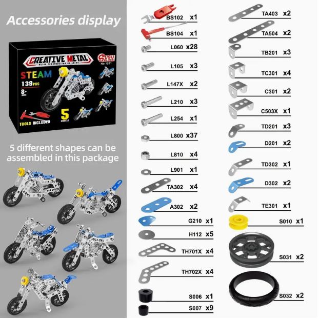 139pc Metal Motorcycle Stem Building Kit for Kids - Little Tokyo SA