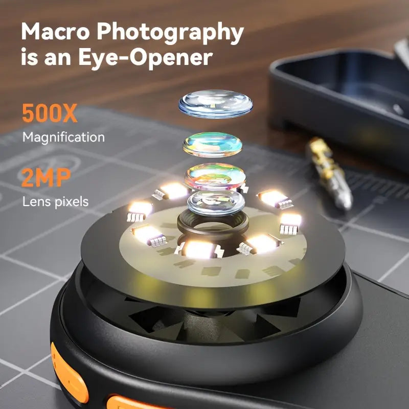 Temu 2.0MP handheld digital microscope with 500x magnification for portable close-up viewing and detailed inspection.