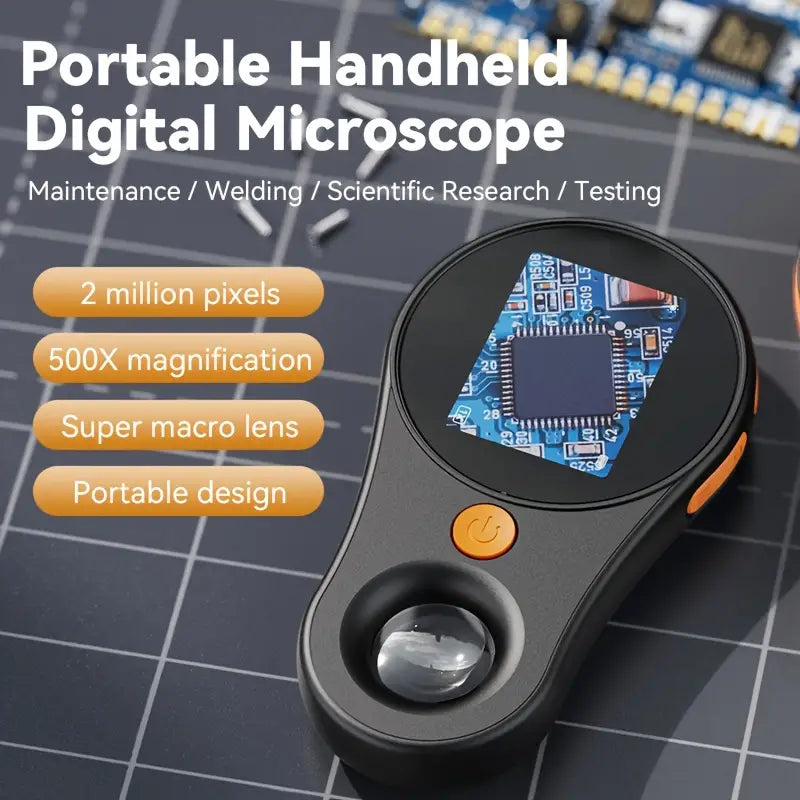 Temu 500X 2.0MP handheld digital microscope showing magnified view of tiny objects in a portable design.