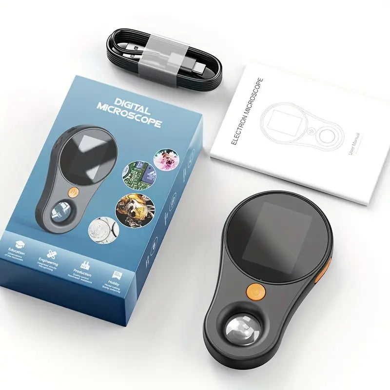 Temu 500X 2.0MP portable handheld digital microscope showing magnified view of tiny objects with adjustable focus