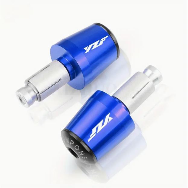 Blue CNC motorcycle handlebar end plugs for 22mm handlebars, designed for durability and style in motorcycle accessories.
