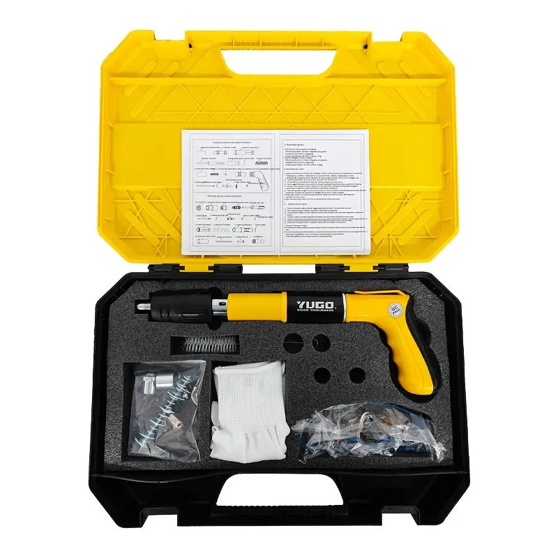 Temu portable nail gun set for steel structures and ceiling fastening, showcasing the compact design and nail magazine.