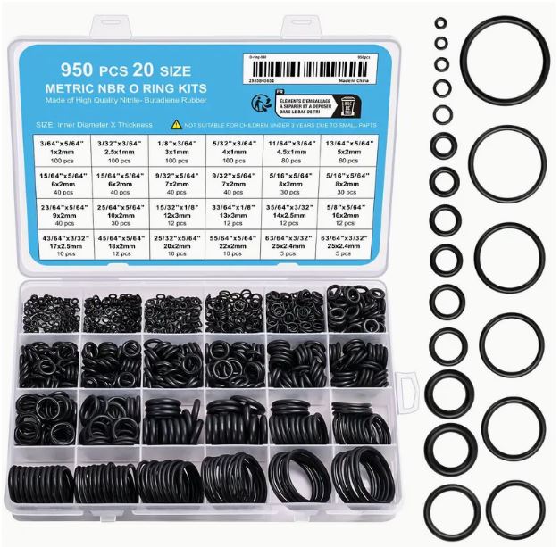 Set of 950 rubber O-rings in various sizes from Temu, ideal for sealing and plumbing applications.