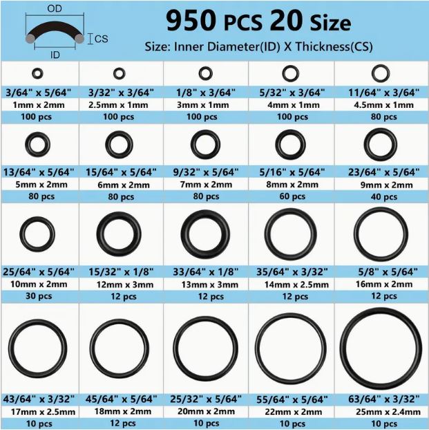 Set of 950 rubber O-rings in various sizes from Temu, ideal for sealing and plumbing applications.