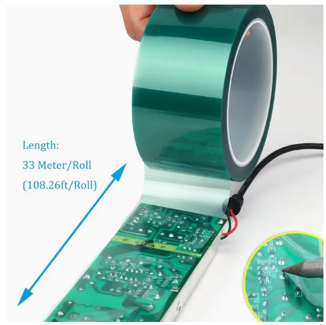 Green Temu PET film tape roll, 25mm x 33m, high temperature resistant PET film tape for industrial or packaging use.
