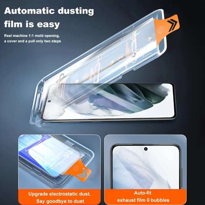 Three Temu HD screen protectors for Samsung Galaxy S24 Ultra with one-click dust-free installation, showcasing clear protective film.