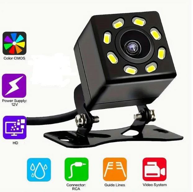 Temu rear view backup camera with night vision and 8 LEDs, designed for clear visibility when reversing a vehicle.