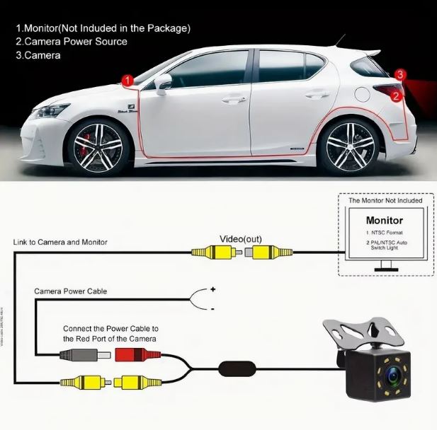 Temu reverse car backup camera with night vision and 8 LEDs, showing rear view image for improved parking visibility.