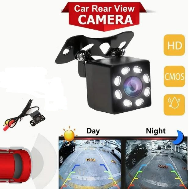 Temu reverse car backup camera with night vision and 8 LEDs, mounted on the rear of a vehicle for enhanced visibility.
