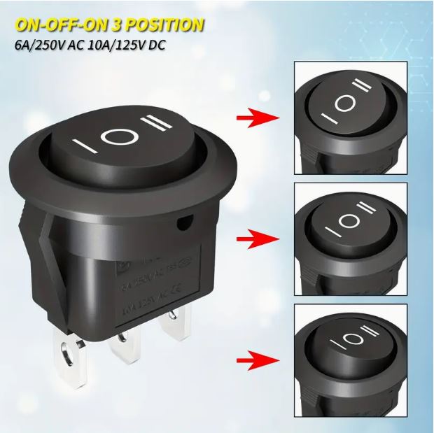 Set of five Temu 3-pin 12V round rocker switches with 3-position design, ideal for electronic projects and control panels.