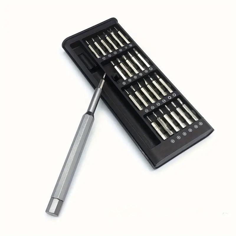 Temu 25-in-1 precision screwdriver set with magnetic driver kit containing multiple screwdriver bits for electronics repair.