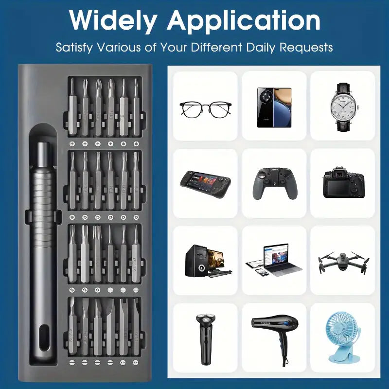 Temu 25-in-1 precision screwdriver set with magnetic driver kit, featuring various screwdrivers and bits for electronics repair.