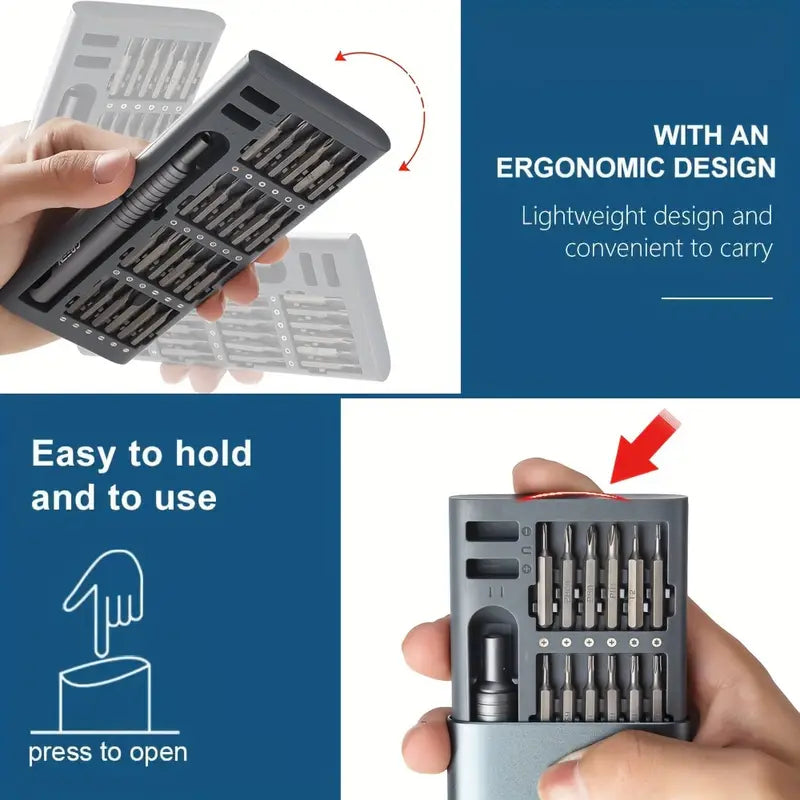 Temu 25-in-1 magnetic screwdriver set with precision screwdrivers and multiple bits for versatile repair tasks.