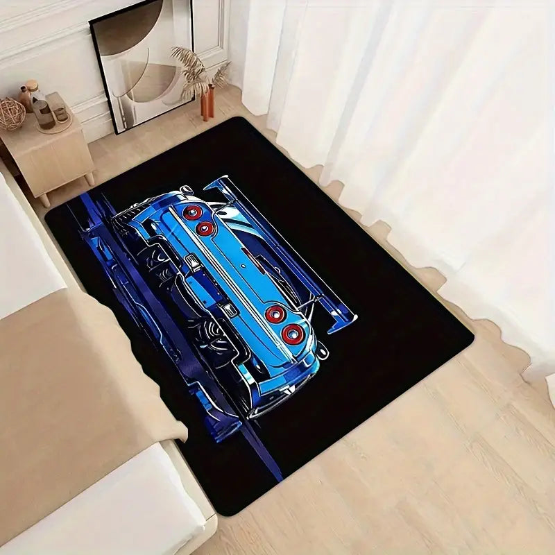 Racing-inspired car sponge area rug with vibrant design, perfect for adding a sporty touch to your room decor.