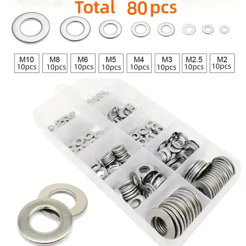 Set of 80 stainless steel flat washers in assorted sizes from Temu, ideal for hardware and fastening projects.