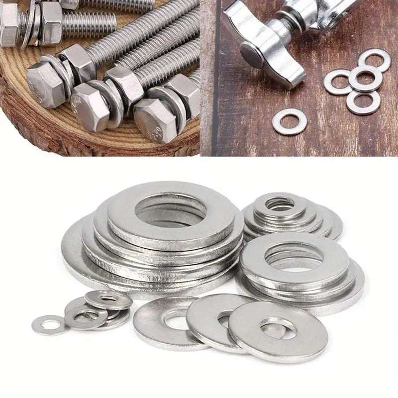 Set of 80 stainless steel flat washers in a Temu assortment kit, ideal for hardware and DIY projects.