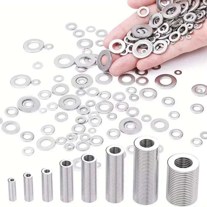 Set of 80 stainless steel flat washers from Temu, assorted sizes for hardware and construction projects.