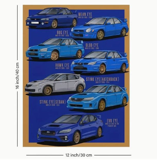 Evolution of Subaru Blue Sports Car Series Art Poster - Little Tokyo SA