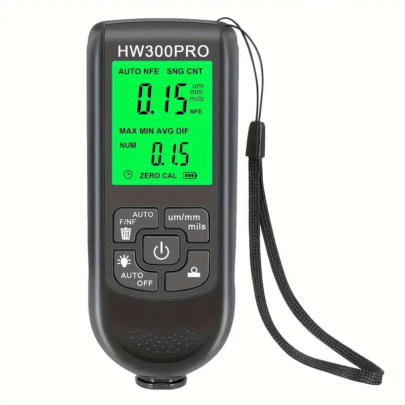 Temu HW-300PRO car paint film thickness gauge showing digital display measuring 0-2000 micrometers for automotive paint inspection.