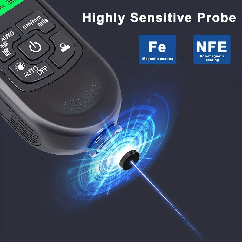 Temu HW-300PRO Car Paint Film Thickness Gauge measuring 0-2000UM for accurate automotive paint thickness assessment.