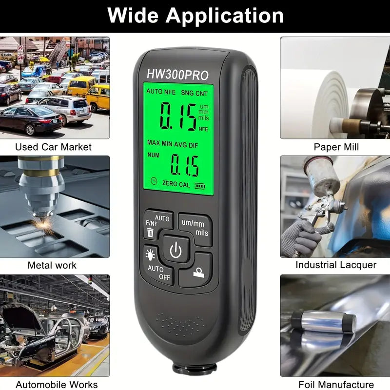Temu HW-300PRO car paint film thickness gauge showing digital display and measurement scale for automotive paint inspection.