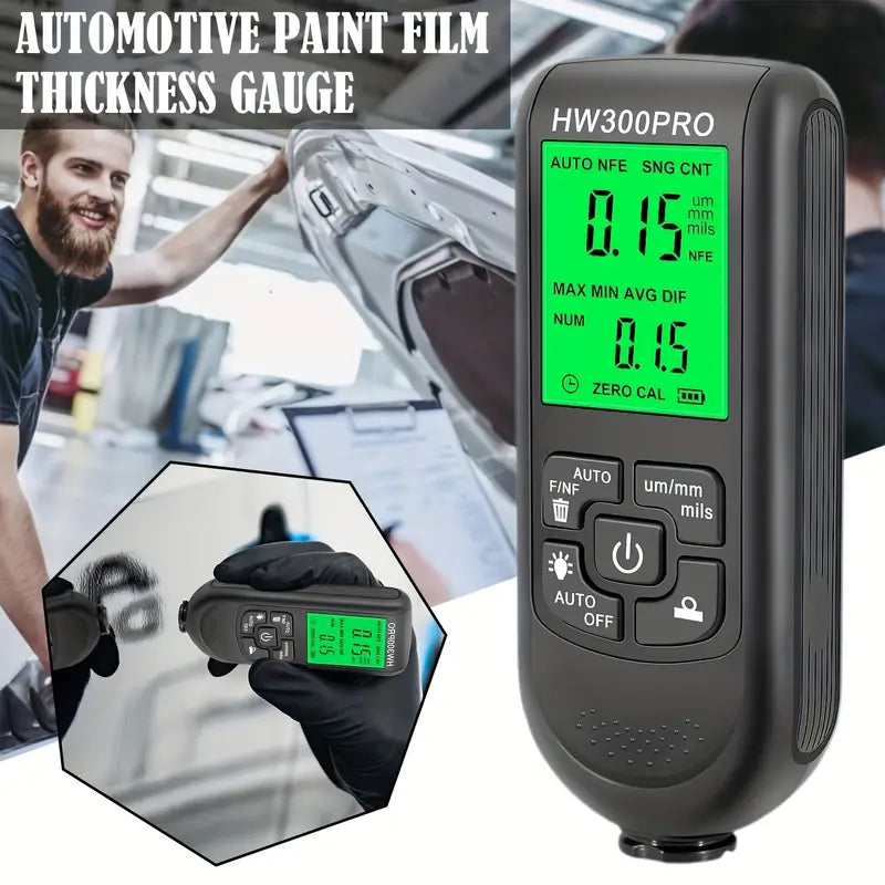 Temu HW-300PRO car paint film thickness gauge measuring 0-2000 micrometers, digital display, automatic operation for automotive paint inspection.
