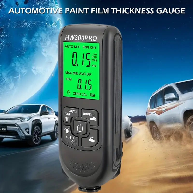 Temu HW-300PRO car paint film automatic thickness gauge measuring 0-2000µm, with digital display for precise paint layer assessment.